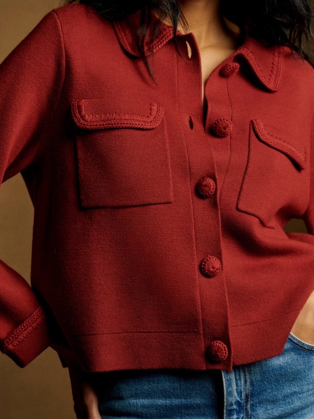 Sezane Terracotta Red Knit Cropped Betty Cardigan Jacket - Picture 1 of 8